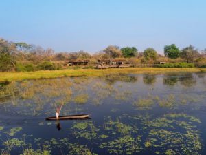 Ein Mokoro gleitet geräuschlos durch die bezaubernde Wasserlandschaft des Okavango Deltas